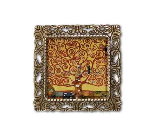 Vintage Art Gustav Klimt's Tree of Life Handmade Square Glass Baroque Style BROOCH or Pin Jewelry (Antique Bronze Tone)