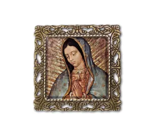 Vintage Art Our Lady of Guadalupe Religious Design Handmade Square Glass Baroque Style BROOCH or Pin Jewelry (Antique Bronze Tone)