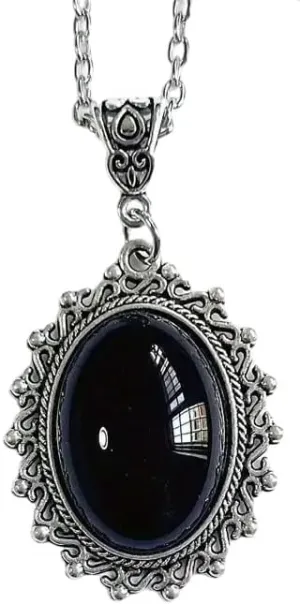 Vintage Black Onyx Pendant Necklace for Women - Antique Silver Oval Gemstone Pendant with Ornate Frame - Gothic Victorian Style Jewelry