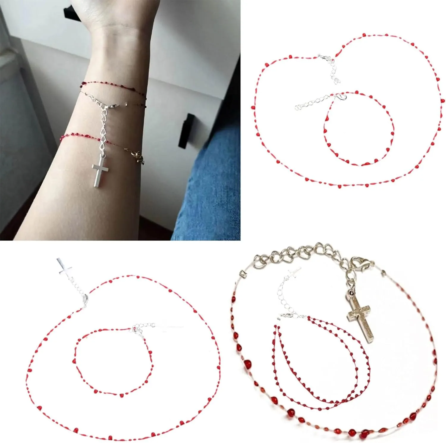 Vintage Fashion Novel Red Blood Drop Bracelet Hip Hop Punk Crossed Open Bracelet Necklace Banquet Jewelry Accessories