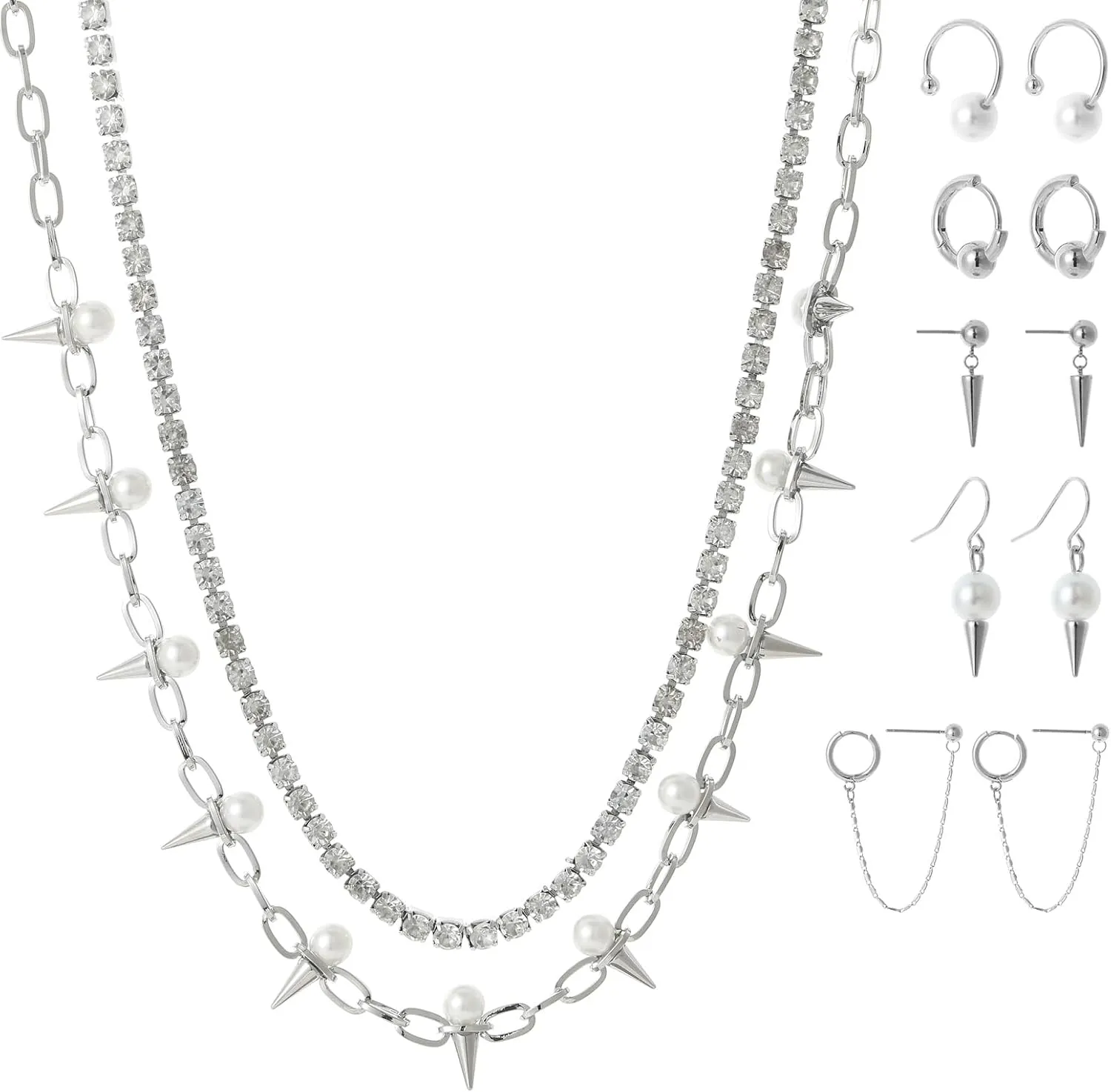 Vintage Gothic Grunge Emo Punk Jewelry Set, Layered Crystal Chain Necklace with Pearl Spikes, 5 Pairs Earrings