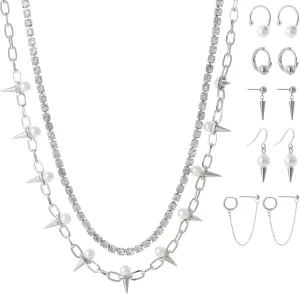 Vintage Gothic Grunge Emo Punk Jewelry Set, Layered Crystal Chain Necklace with Pearl Spikes, 5 Pairs Earrings