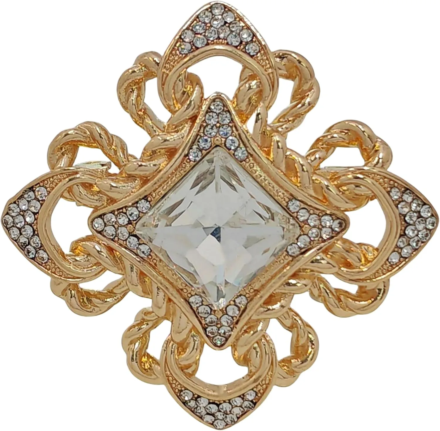 Vintage Maltese Cross Brooch Pin, Golden Rope Accent, Crystals