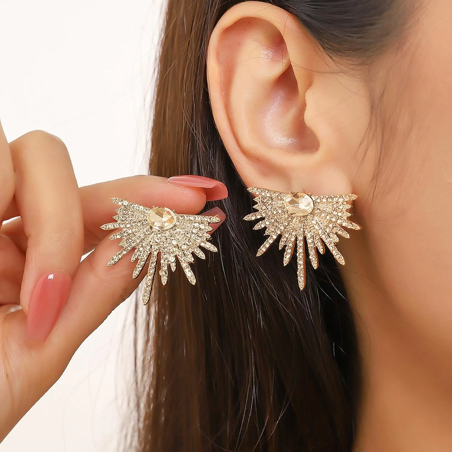 Vintage Rhinestone Angel Wing Stud Earrings for Women,Personality Exaggerated Ear Cuff Earrings Shiny Dainty Crystal Statement Earrings Wedding Party Jewelry Gifts