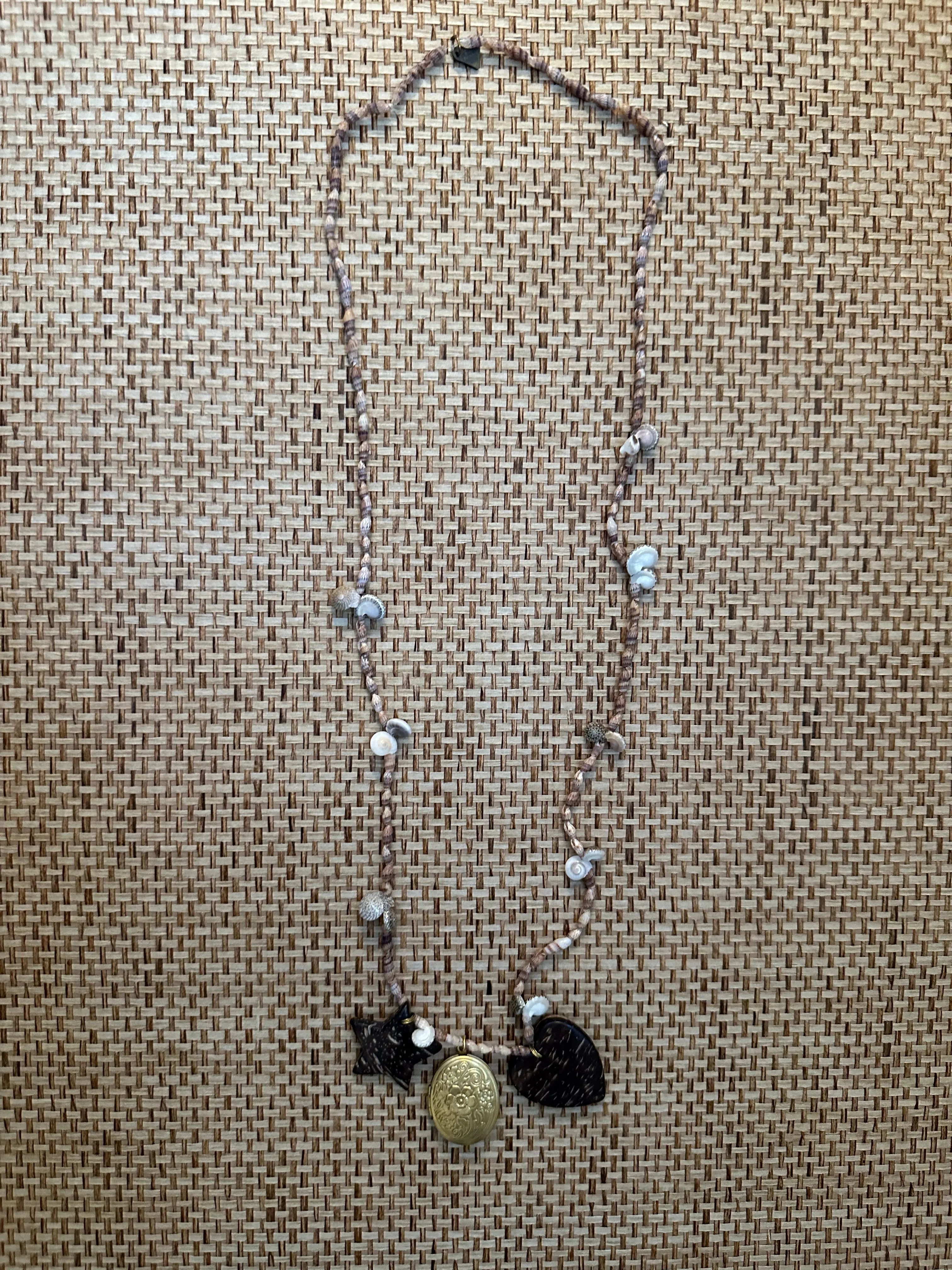 Vintage Seashell, Coconut and Brass Locket Long Necklace - Pre-order Shipping May 15th