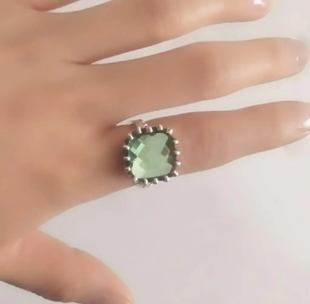 Vintage Silver Mint Green Moonstone Ring 925 Sterling Silver Retro Princess Square Cut Green Moonstone Diamond Prehnite Gemstone Wedding Engagement Ring