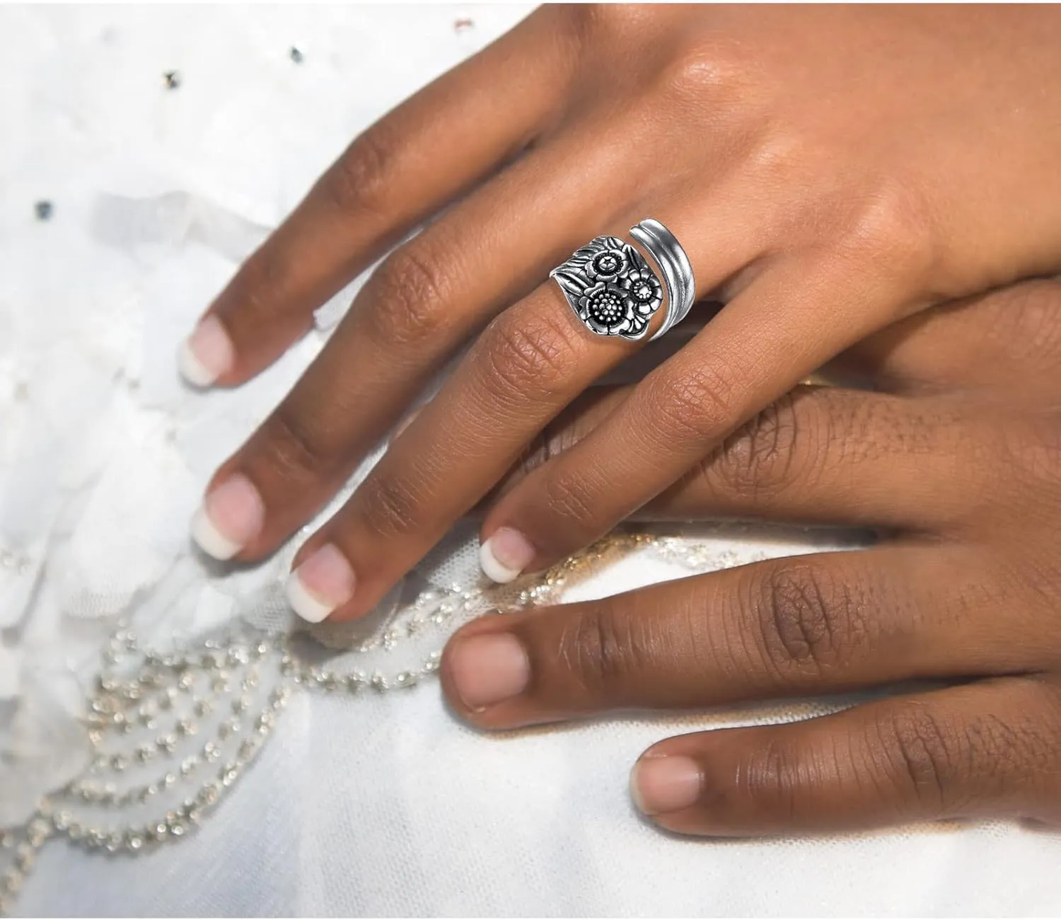 Vintage Silver Spoon Ring, Victorian Boho Flower Spoon Rings for Women, Adjustable Wrap Around Open Ring Statement Jewelry