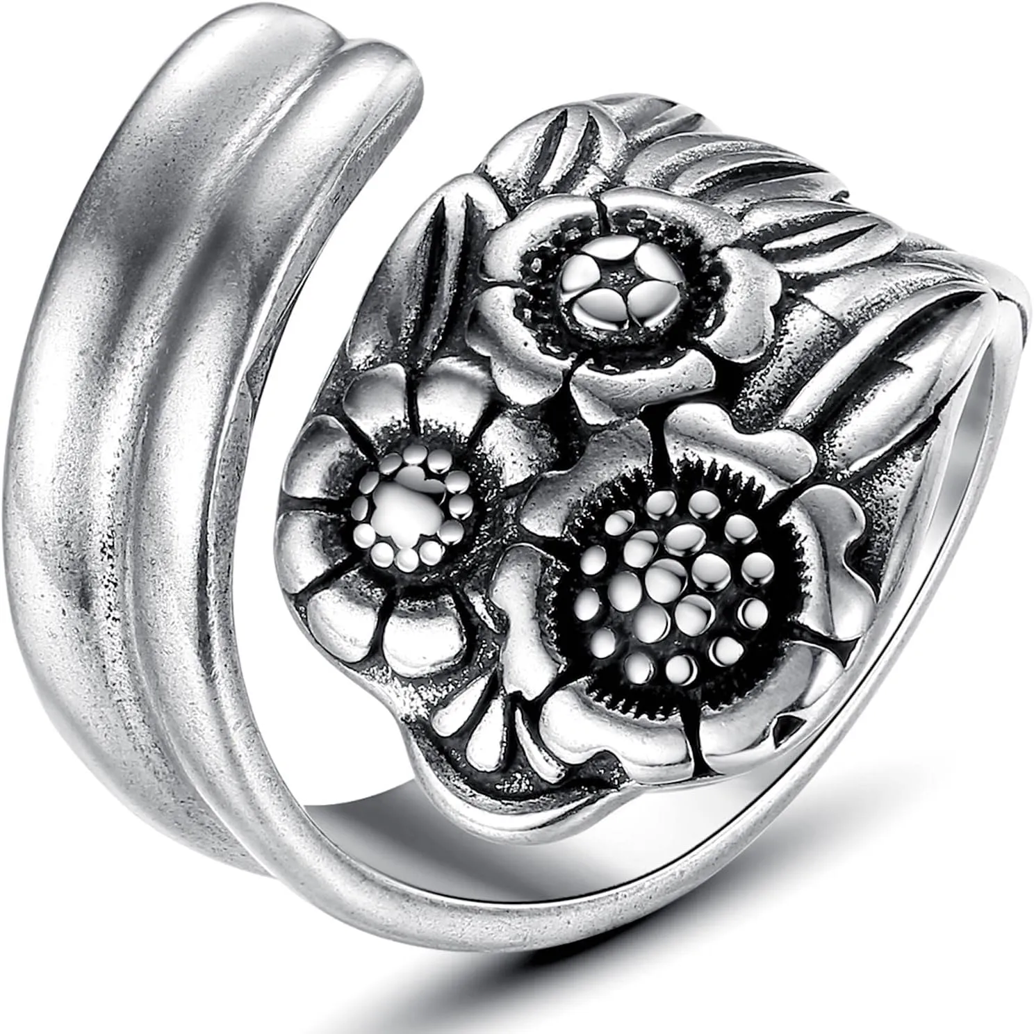 Vintage Silver Spoon Ring, Victorian Boho Flower Spoon Rings for Women, Adjustable Wrap Around Open Ring Statement Jewelry