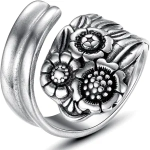 Vintage Silver Spoon Ring, Victorian Boho Flower Spoon Rings for Women, Adjustable Wrap Around Open Ring Statement Jewelry