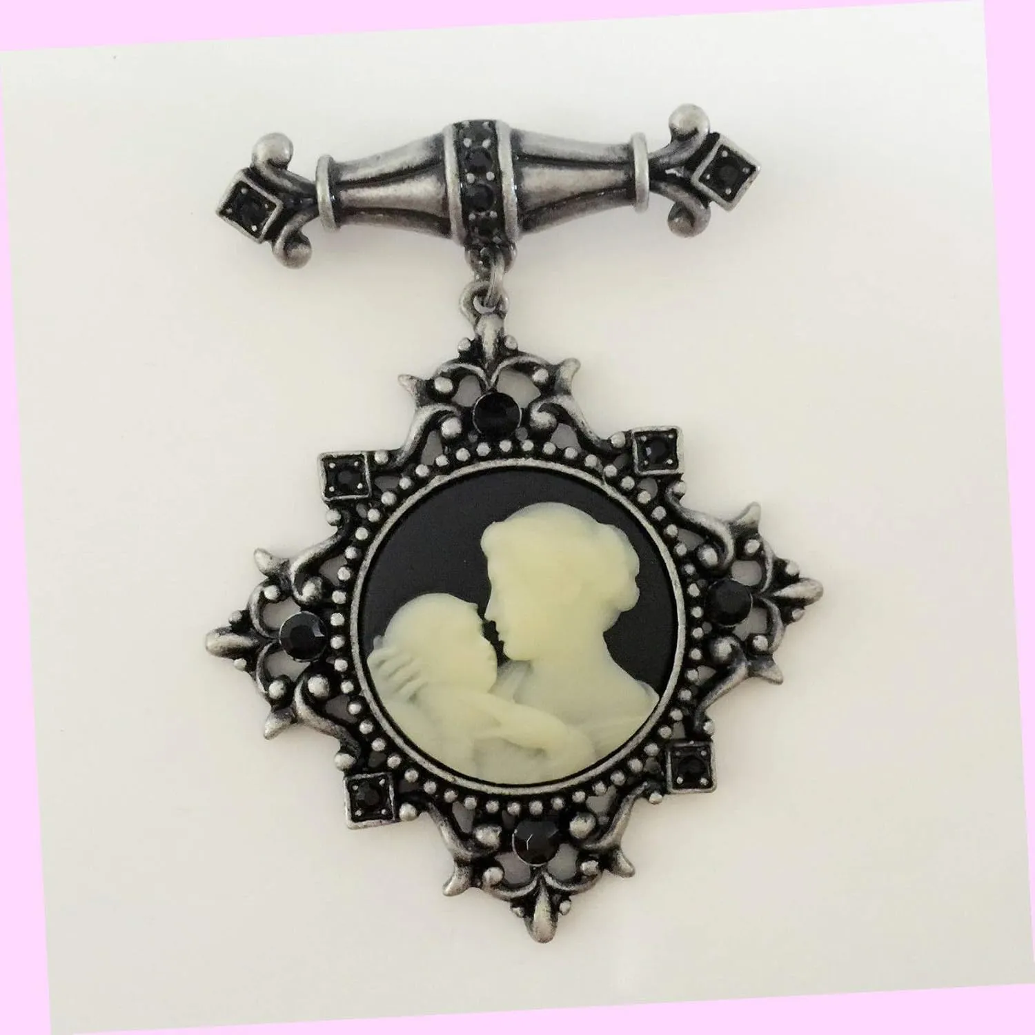 Vintage Style Dangle Mother Cameo Black Brooch Pin Br1062 Rhinestone Brooch Pin for Women