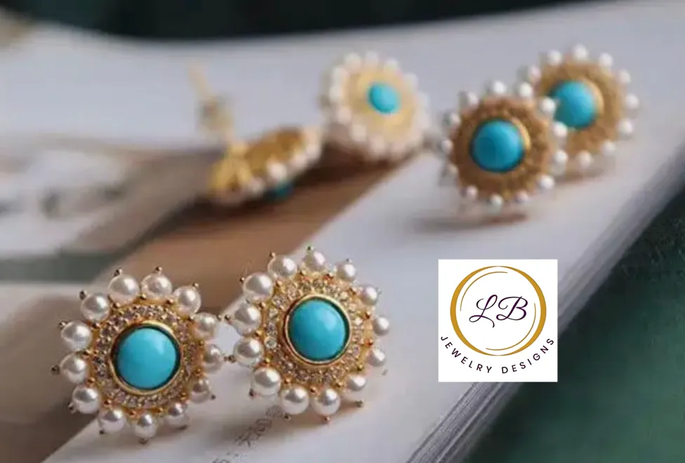 Vintage-Style Gold Turquoise and Pearl Gold Stud Earrings