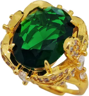 Vintage Style Statement Ring, Large Oval Emerald Green CZ, Gold-Tone Setting with CZ Accents