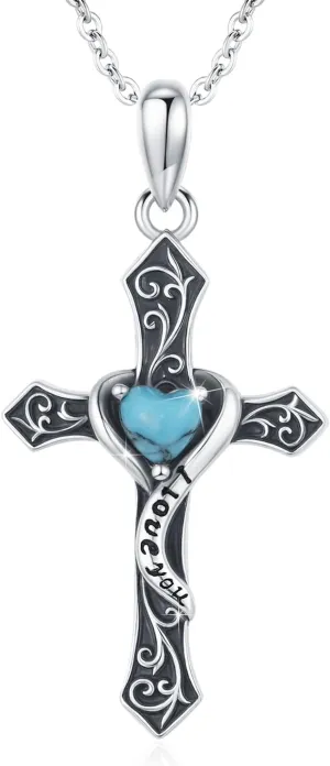 Vintage Turquoise Cross Necklace for Women, 925 Sterling Silver Western Jewelry Turquoise Pendant Engrave I Love You