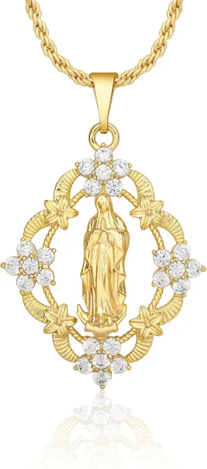 Virgin Mary and Jesus Necklace,18k Gold Plated Round Necklace,Religion Jewelry Gift for Women Men