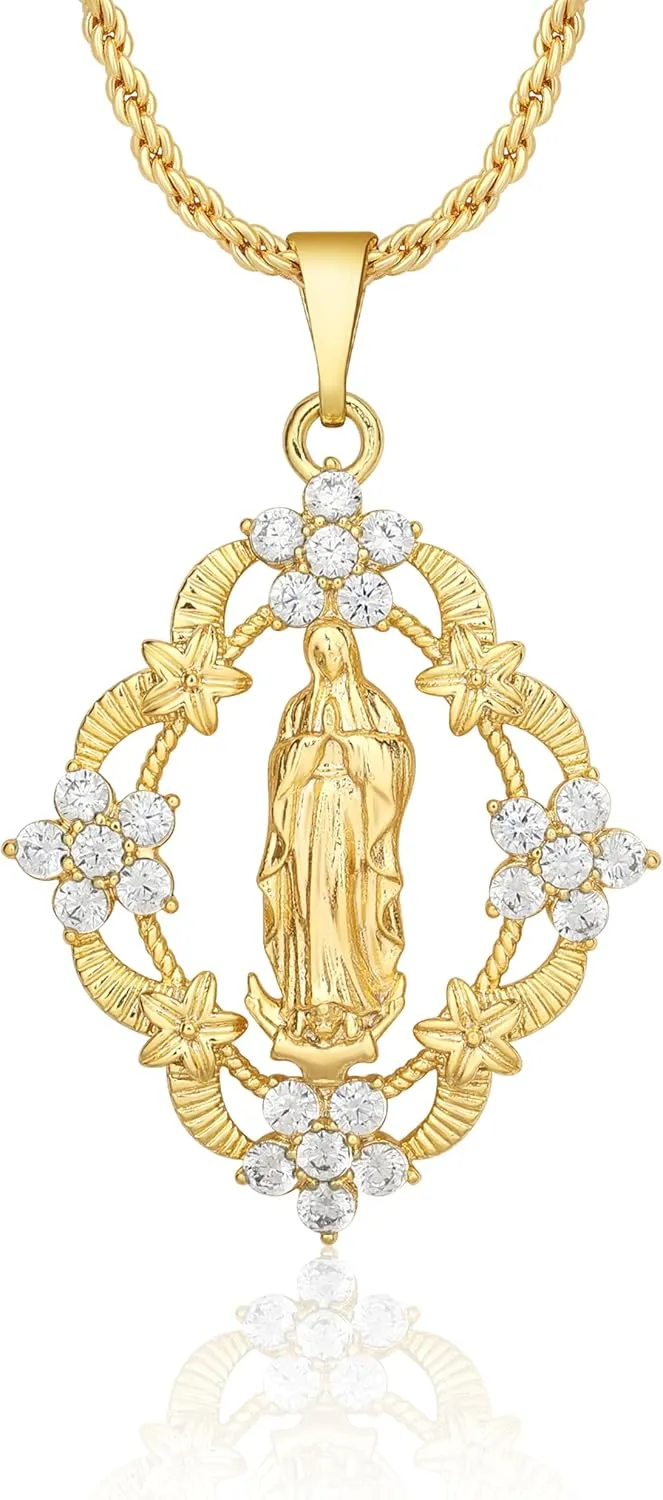 Virgin Mary and Jesus Necklace,18k Gold Plated Round Necklace,Religion Jewelry Gift for Women Men