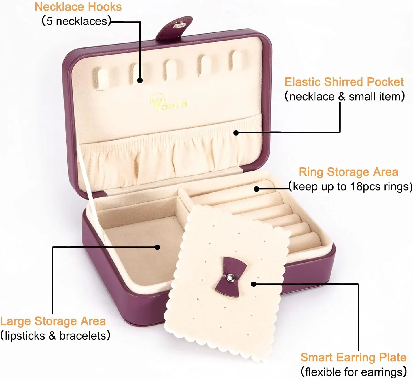 Voova Small Jewelry Organizer Box, Travel Jewelry Case for Women Teen Girls, Mini PU Leather Portable Jewellery Storage Boxes Holder with Smart Earrings Plate for Necklaces Rings Bracelets, Purple