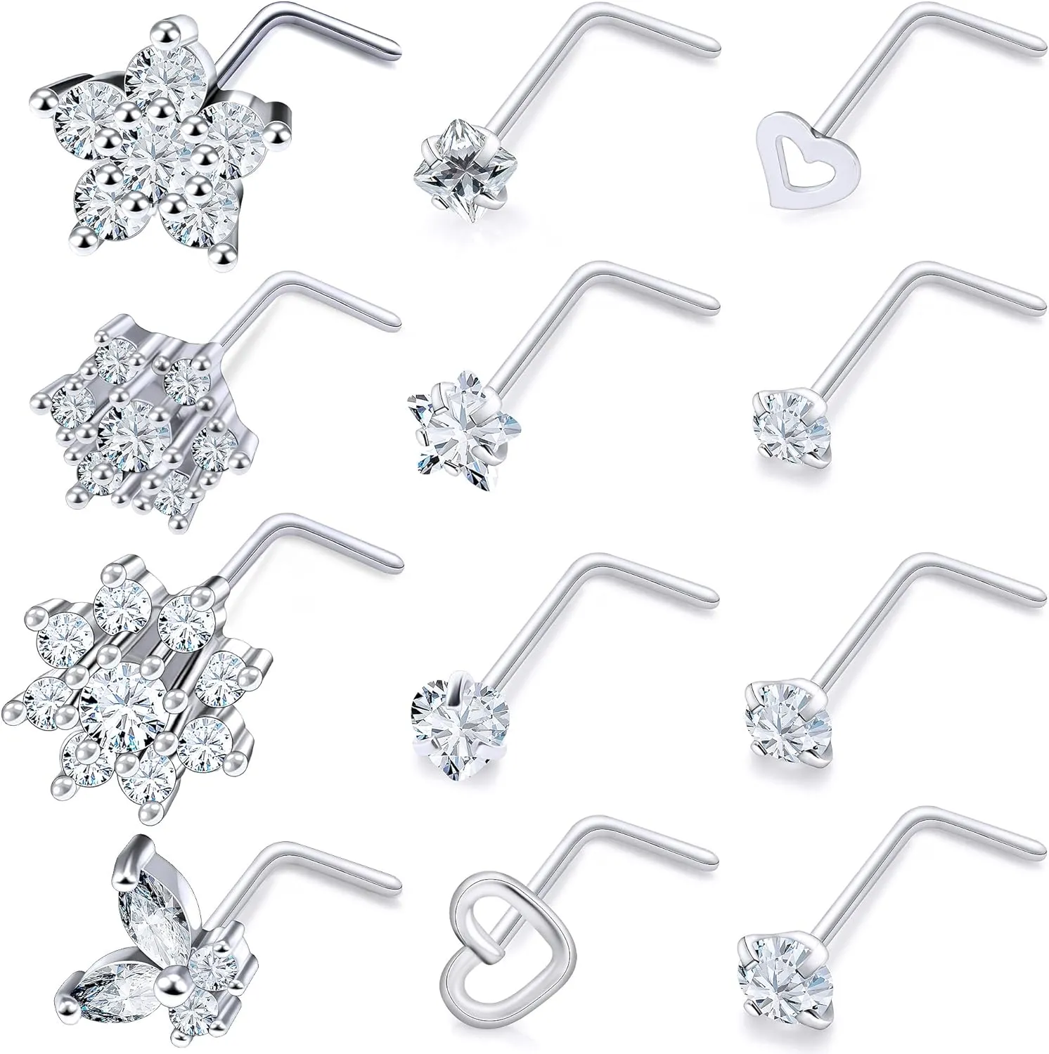 Vsnnsns 20G 18G Nose Rings Studs Piercing Jewelry for Women 316L Surgical Stainless Steel L Shaped Corkscrew Straight Butterfly Heart Diamond CZ Nose Rings Studs Nostril Piercing Jewelry Silver Gold