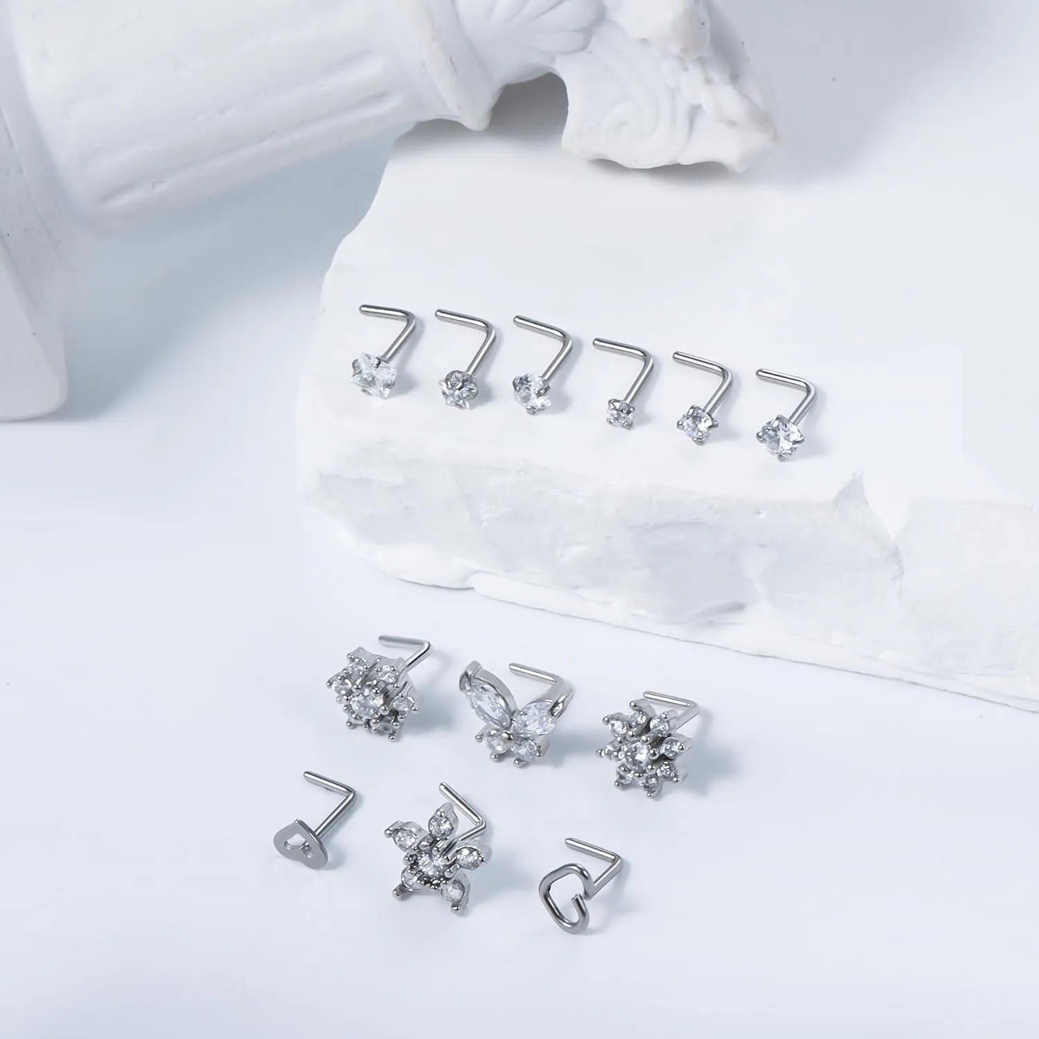 Vsnnsns 20G 18G Nose Rings Studs Piercing Jewelry for Women 316L Surgical Stainless Steel L Shaped Corkscrew Straight Butterfly Heart Diamond CZ Nose Rings Studs Nostril Piercing Jewelry Silver Gold