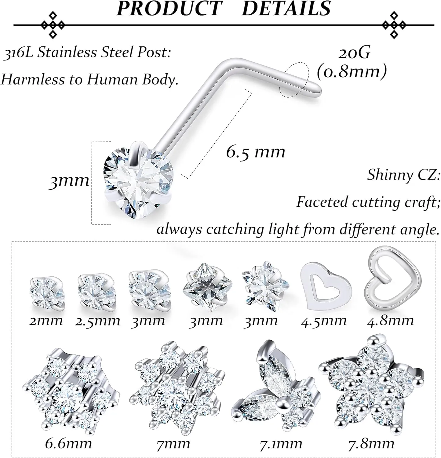 Vsnnsns 20G 18G Nose Rings Studs Piercing Jewelry for Women 316L Surgical Stainless Steel L Shaped Corkscrew Straight Butterfly Heart Diamond CZ Nose Rings Studs Nostril Piercing Jewelry Silver Gold