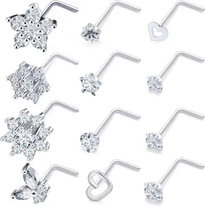 Vsnnsns 20G 18G Nose Rings Studs Piercing Jewelry for Women 316L Surgical Stainless Steel L Shaped Corkscrew Straight Butterfly Heart Diamond CZ Nose Rings Studs Nostril Piercing Jewelry Silver Gold
