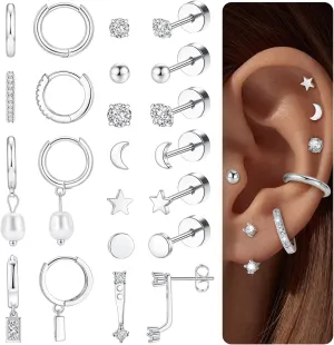 WAINIS 11 Pairs Hypoallergenic 316L Surgical Steel Flat Back Earrings Set for Multiple Piercings Comfortable Tiny Cartilage Flatback Studs for Women, 20G - Gold/Silver