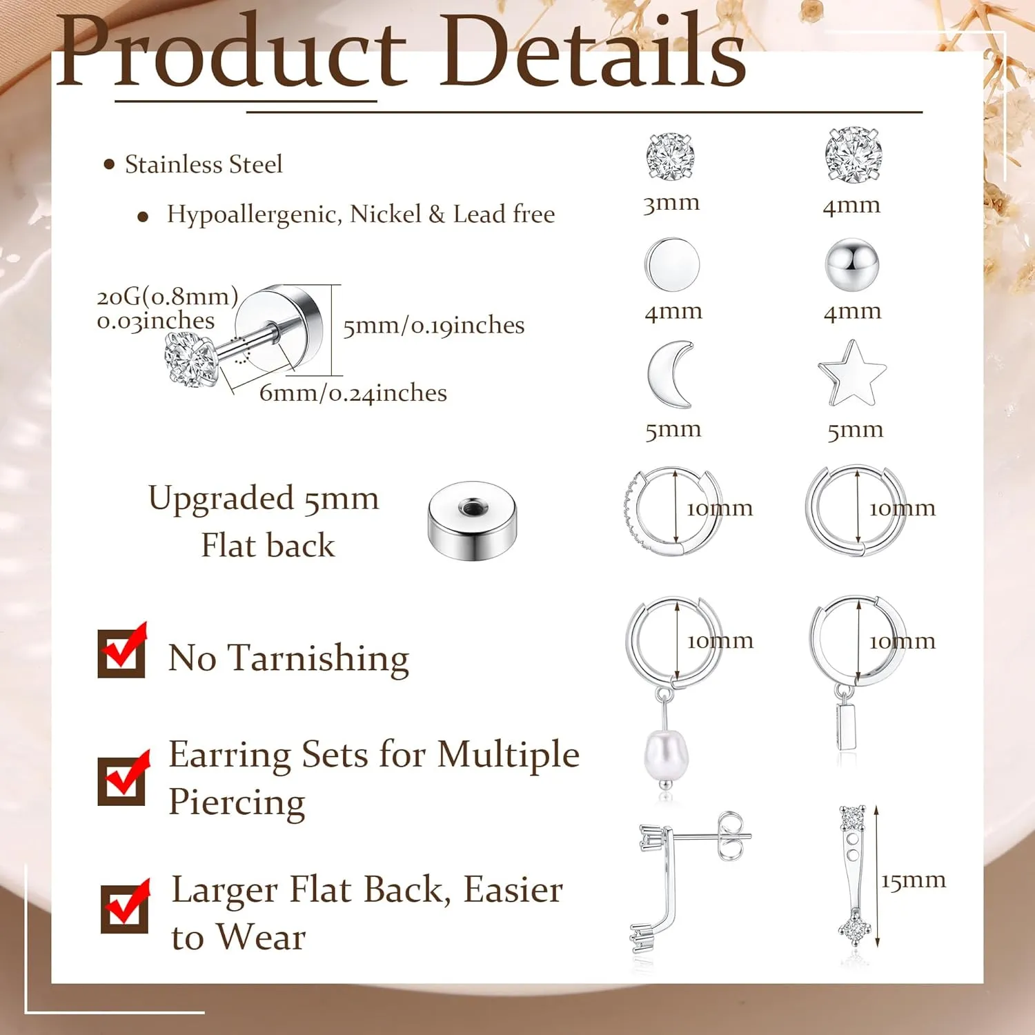 WAINIS 11 Pairs Hypoallergenic 316L Surgical Steel Flat Back Earrings Set for Multiple Piercings Comfortable Tiny Cartilage Flatback Studs for Women, 20G - Gold/Silver