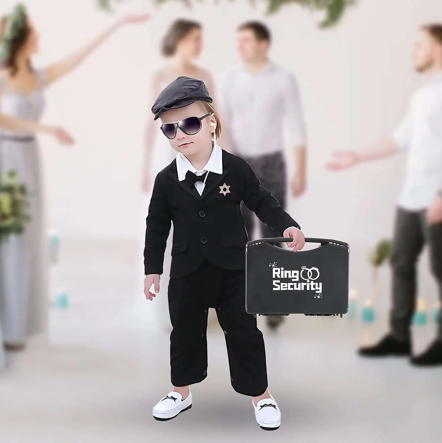 Wedding Ring Bearer Gifts Set, Ring Security Box with Spy Ear Piece, Exclusive badge, Black sunglasses, Task card