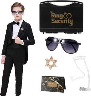 Wedding Ring Bearer Gifts Set, Ring Security Box with Spy Ear Piece, Exclusive badge, Black sunglasses, Task card