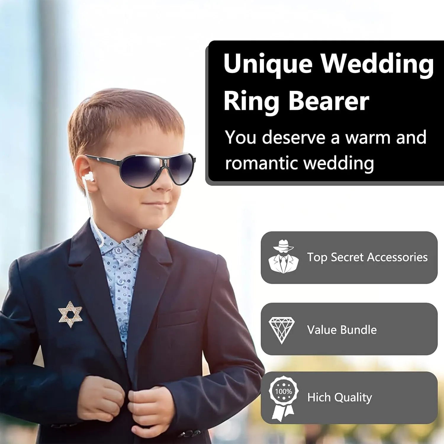Wedding Ring Bearer Gifts Set, Ring Security Box with Spy Ear Piece, Exclusive badge, Black sunglasses, Task card