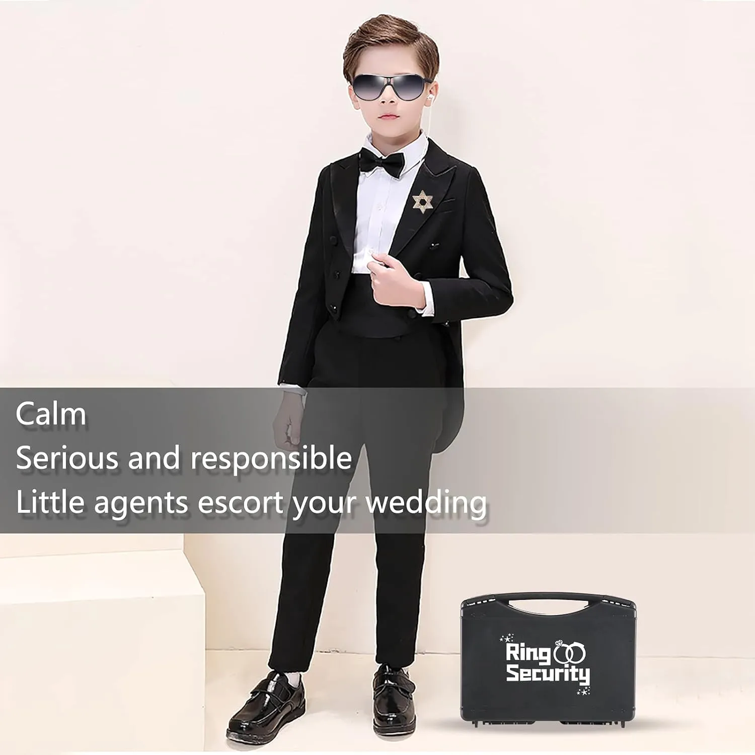 Wedding Ring Bearer Gifts Set, Ring Security Box with Spy Ear Piece, Exclusive badge, Black sunglasses, Task card