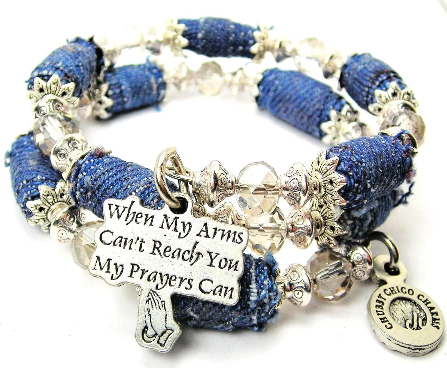 When My Arms Can't Reach You My Prayers Can Denim Bead Wrap Bracelet, Fits up to 8 Inches