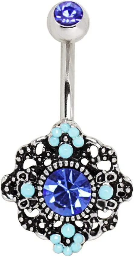WILDKLASS 316L Stainless Steel Ornate Blue Flower Navel Ring