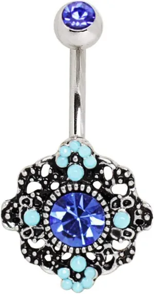 WILDKLASS 316L Stainless Steel Ornate Blue Flower Navel Ring