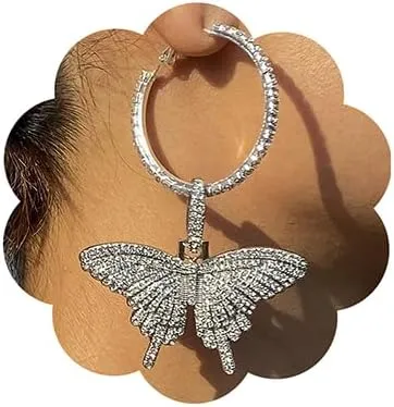 Wiwpar Large Butterfly Hoop Dangle Earrings Sparkly Rhinestone Butterfly Earrings Fashion Round Circle Open Hoop Dangle Earrings for Women Girls