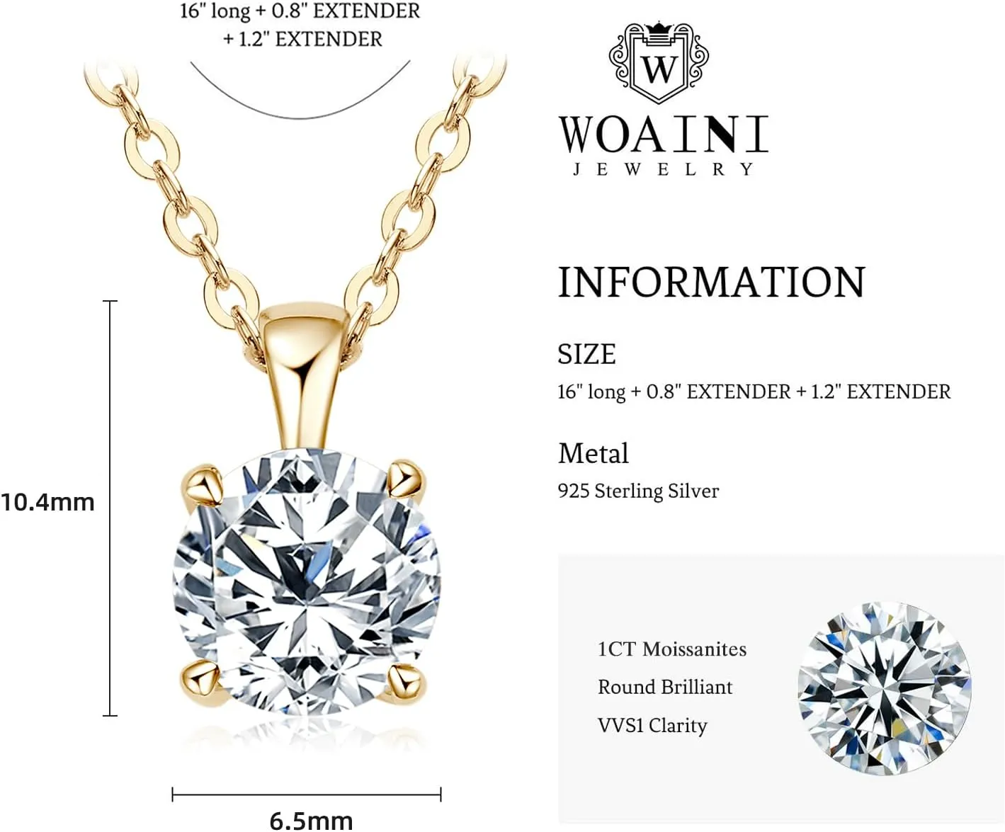 WOAINI Moissanite Pendant Necklaces for Women, 1-3 Ct Solitaire Moissanite Necklace Pendant, 16" & 2" Extender, Valentine's Day Anniversary Birthday Gift for Lady, 925 Sterling Silver 18K Gold Plated