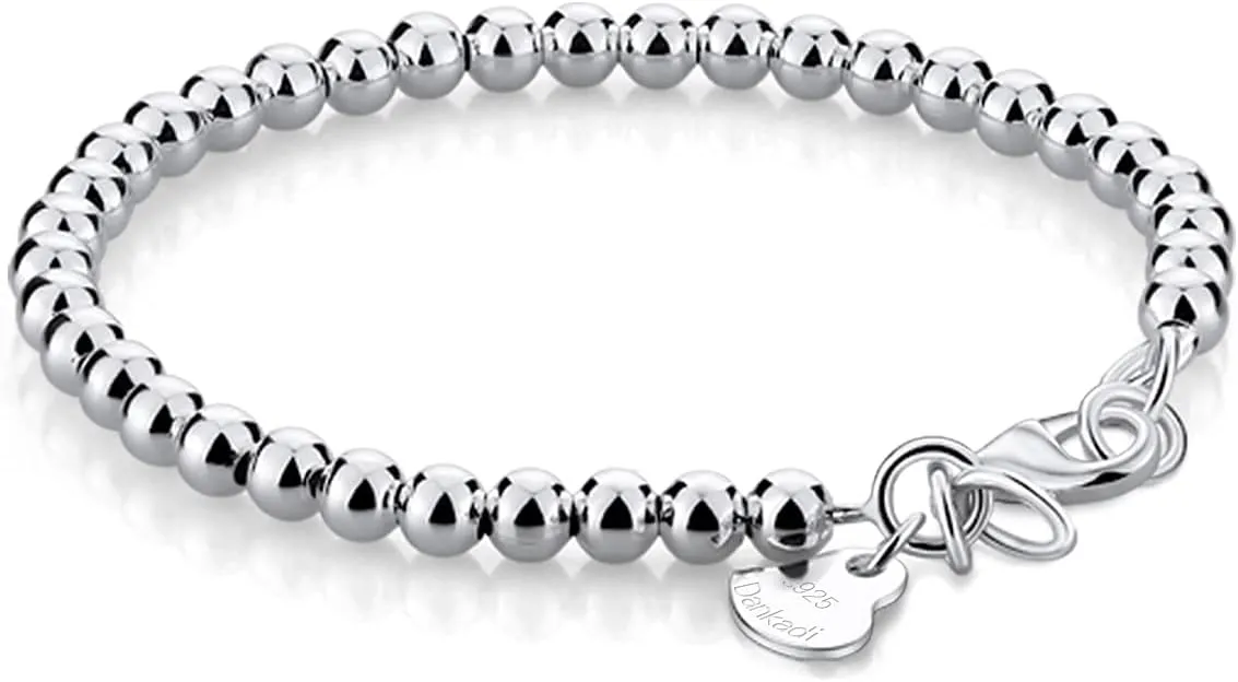 Women 925 Sterling Silver Round Bead Bracelet Minimalist 4-6MM 13-21CM Bell and Heart Pendant Prayer Beads Link Chain Bracelet Men Charm Jewelry Gift