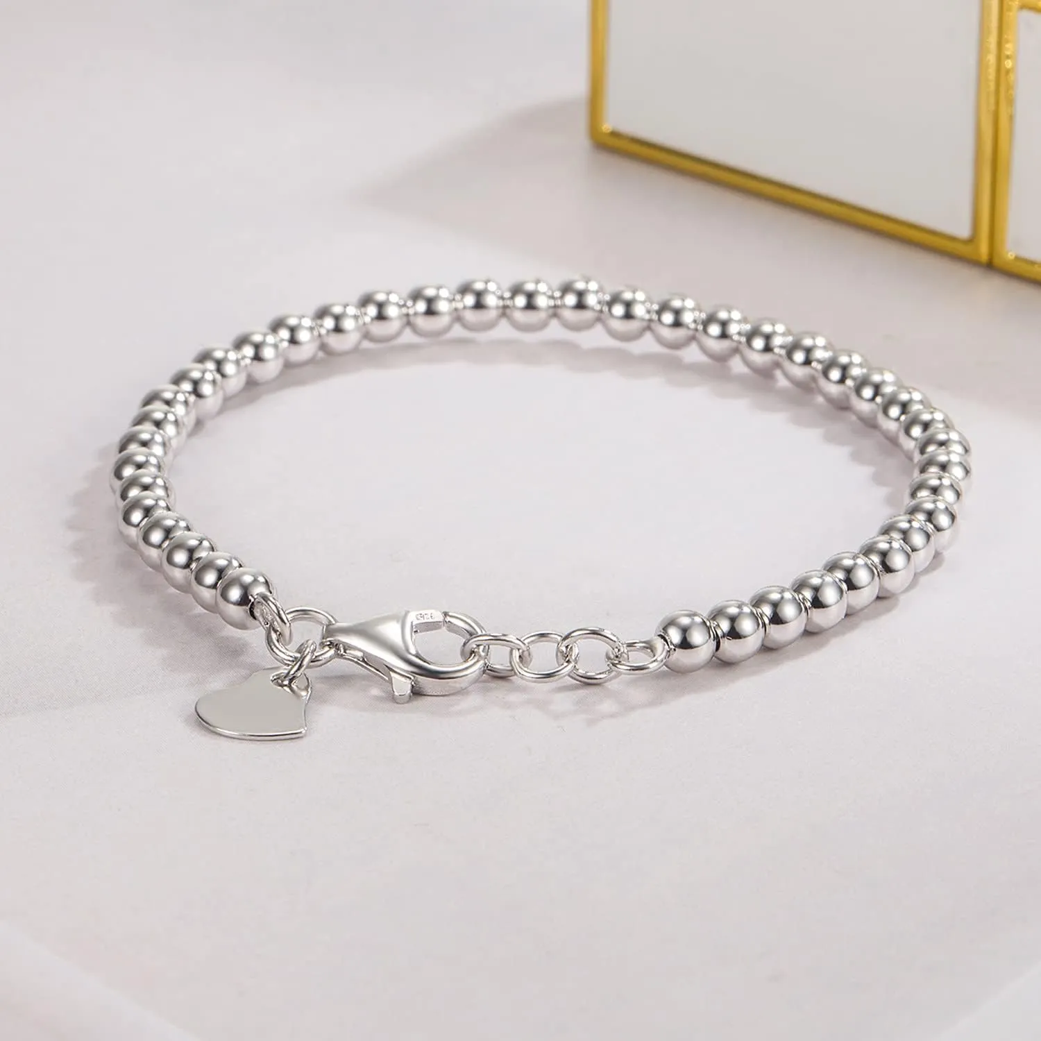 Women 925 Sterling Silver Round Bead Bracelet Minimalist 4-6MM 13-21CM Bell and Heart Pendant Prayer Beads Link Chain Bracelet Men Charm Jewelry Gift