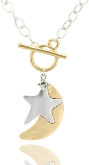 Women's Chunky Gold Layered Pendant Necklace - Antique Toggle Closure & Thick Chain Links, Moon & Star Trendy Statement Jewelry Gift