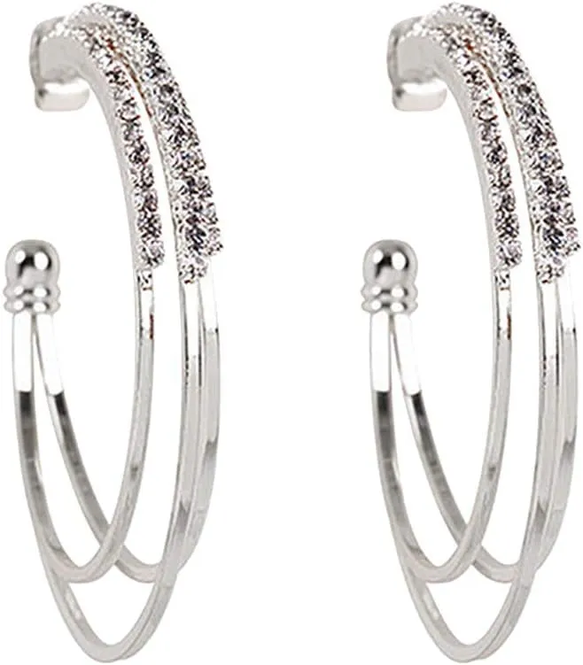 Women's Hoop Earrings, Girls Rhinestone Piercing Hoop Earrings Triple Layer Big Circle Piercing Earrings Women Exquisite Jewelry Silver
