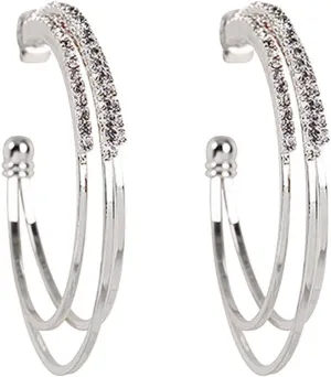 Women's Hoop Earrings, Girls Rhinestone Piercing Hoop Earrings Triple Layer Big Circle Piercing Earrings Women Exquisite Jewelry Silver