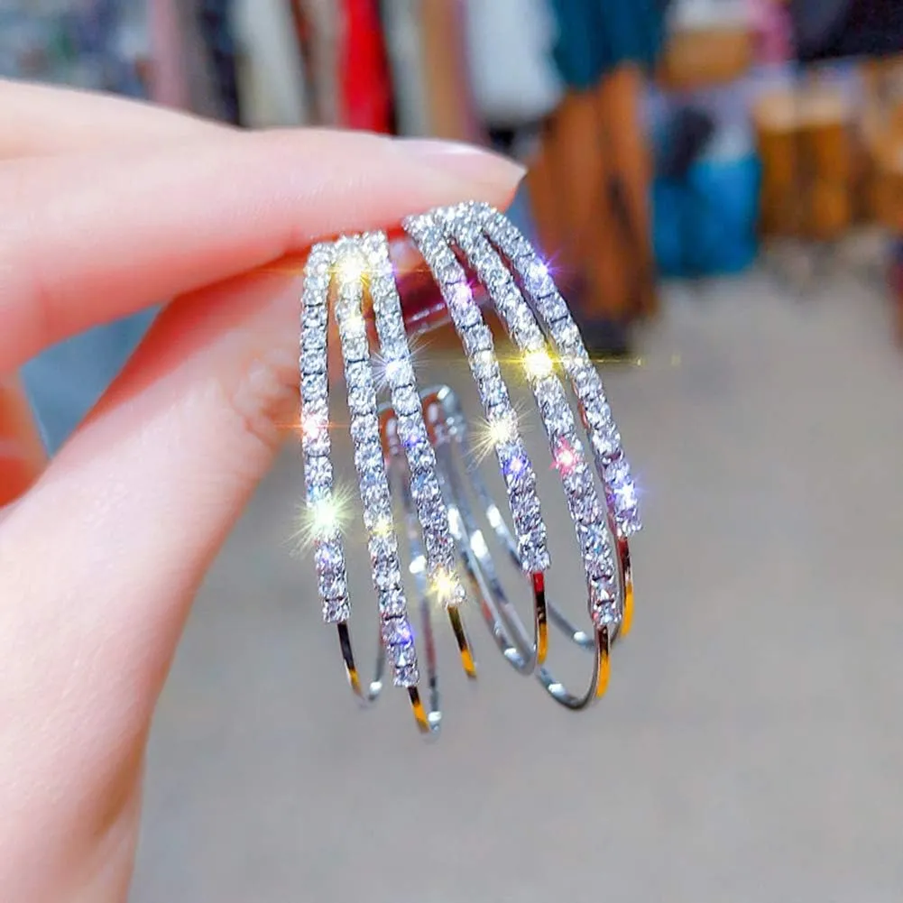 Women's Hoop Earrings, Girls Rhinestone Piercing Hoop Earrings Triple Layer Big Circle Piercing Earrings Women Exquisite Jewelry Silver