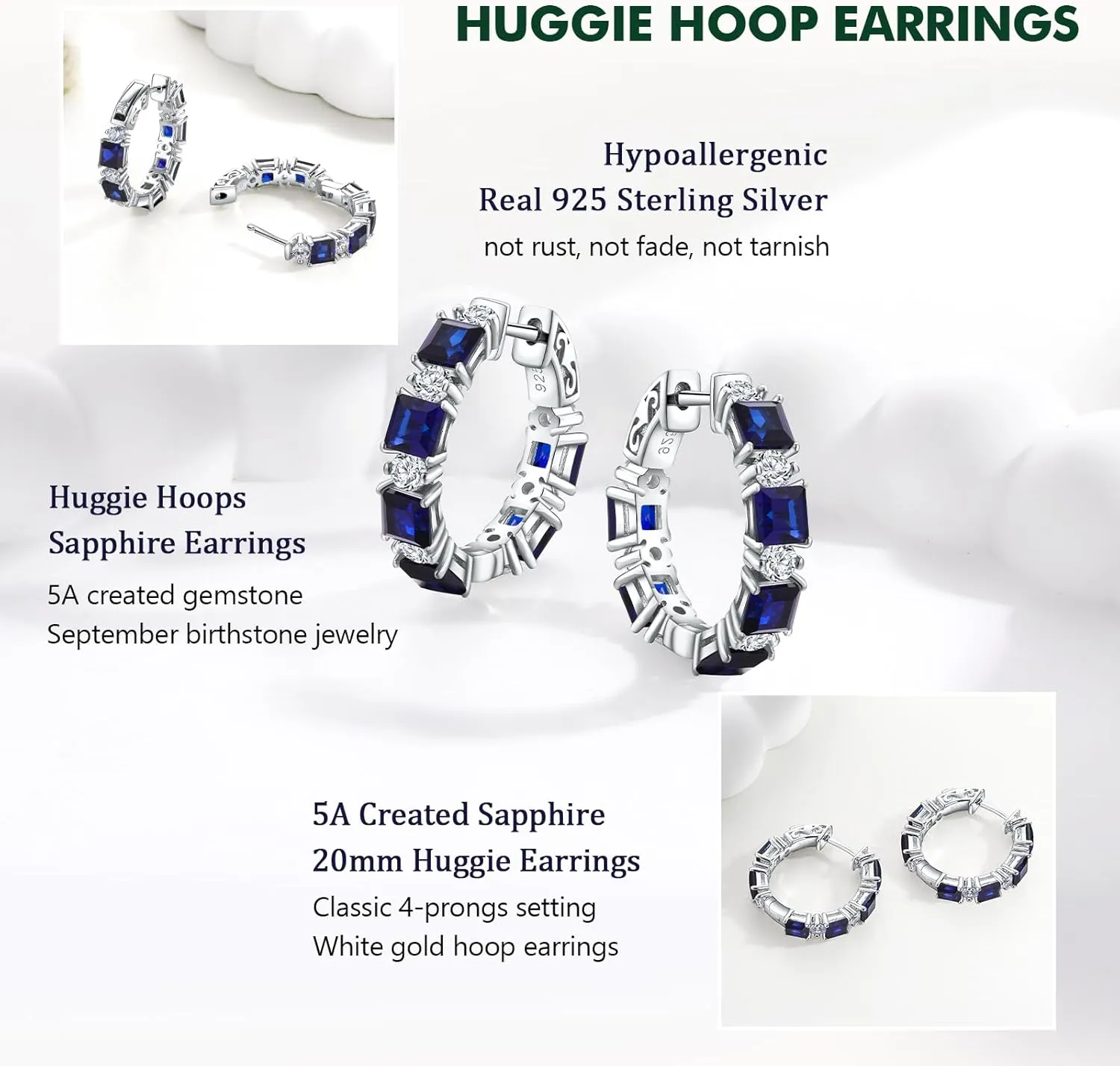 Women's Small Huggie Hoop Earrings - 925 Sterling Silver Chunky Hoops with Ruby, Sapphire, Emerald, Amethyst Gemstones