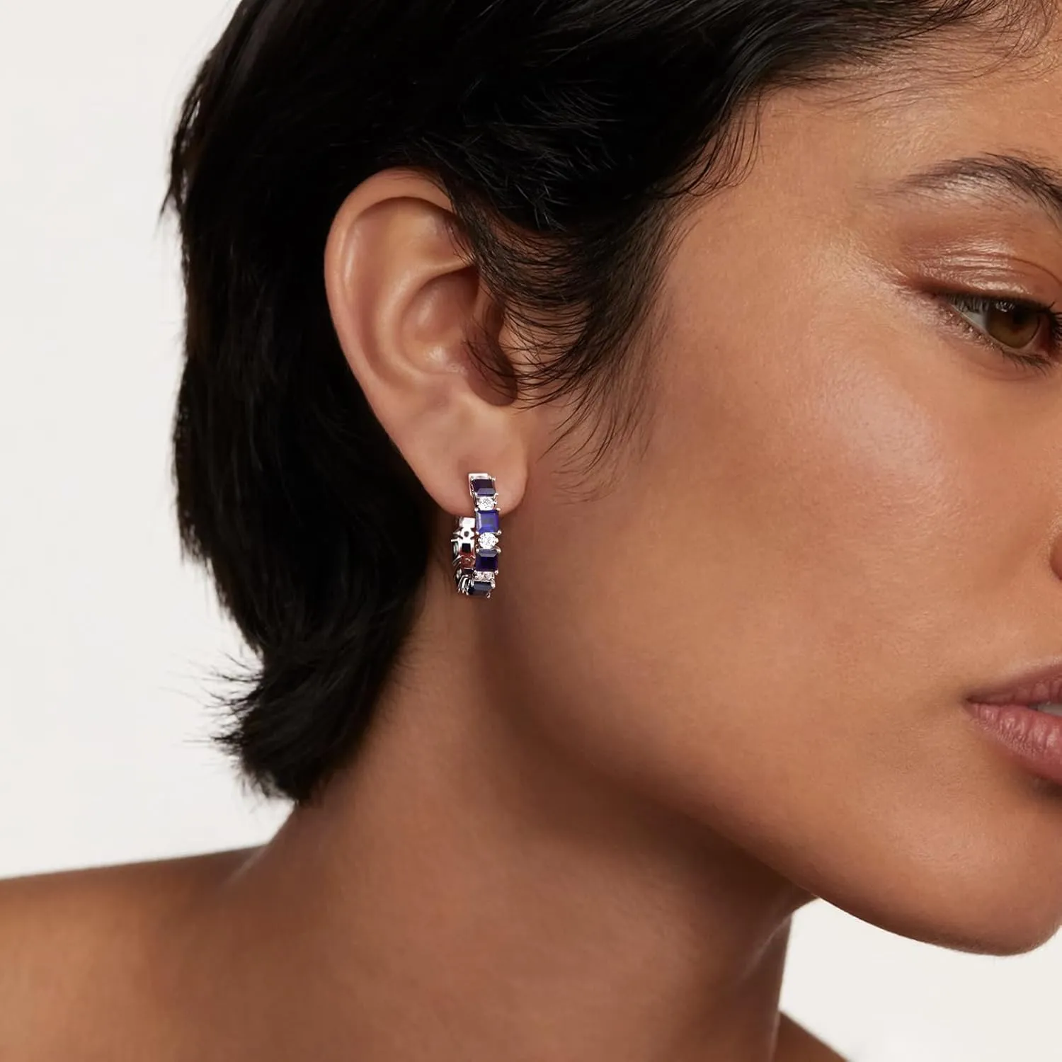 Women's Small Huggie Hoop Earrings - 925 Sterling Silver Chunky Hoops with Ruby, Sapphire, Emerald, Amethyst Gemstones