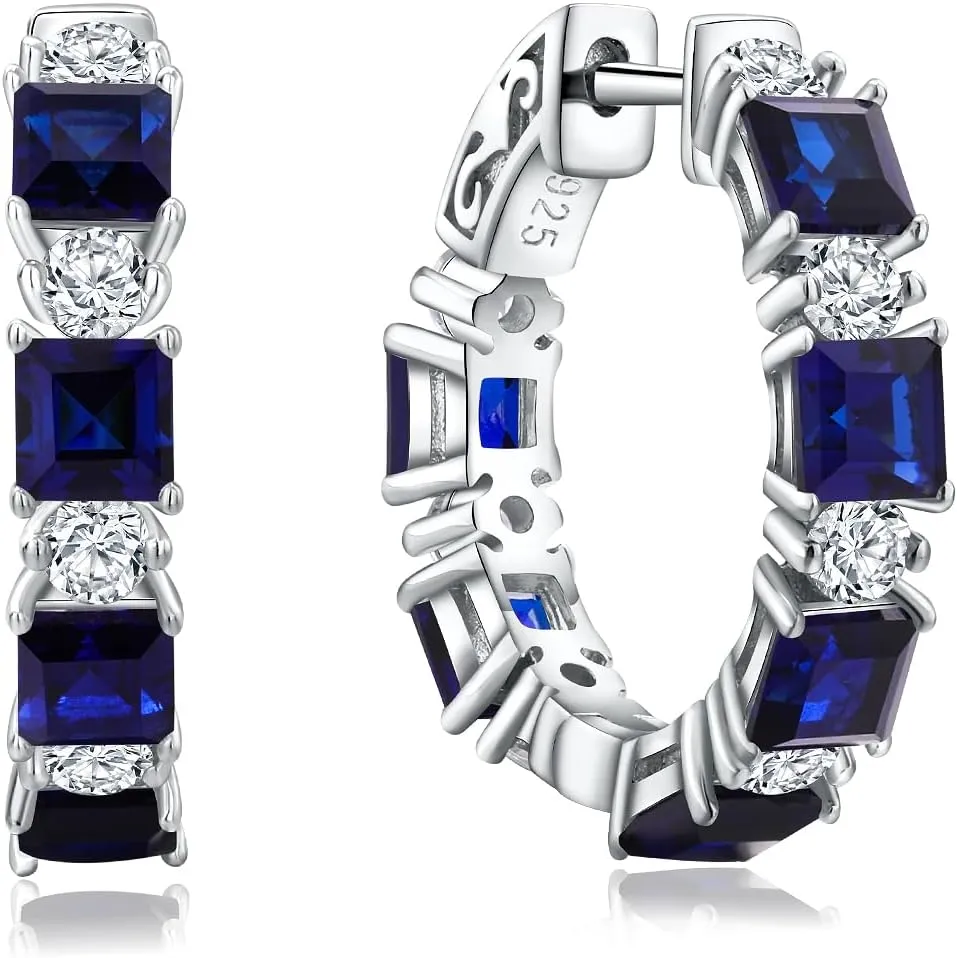 Women's Small Huggie Hoop Earrings - 925 Sterling Silver Chunky Hoops with Ruby, Sapphire, Emerald, Amethyst Gemstones