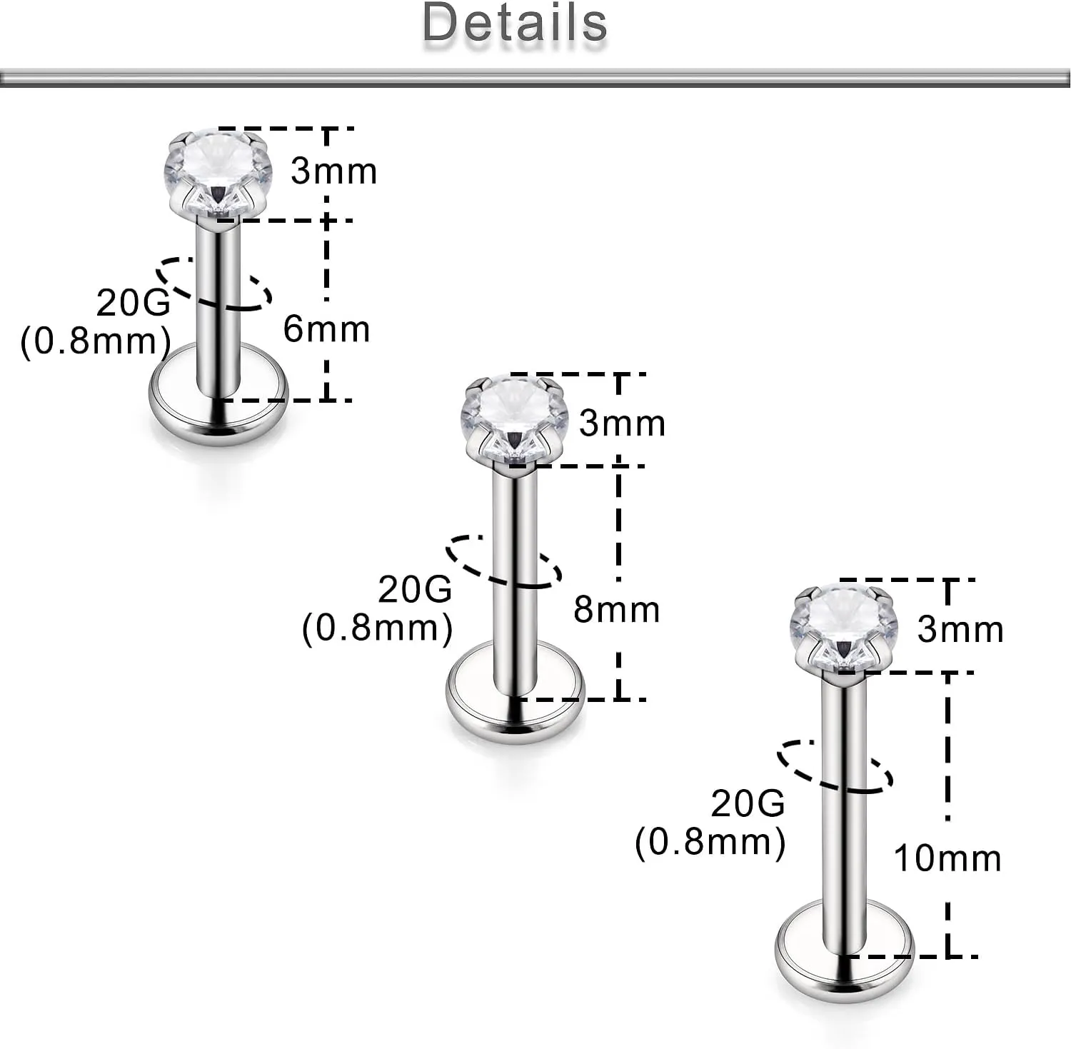 Yaalozei 20G 18G 16G G23 Titanium Threadless Push in Nose Ring Studs Hypoallergenic Lip Labret Medusa Rings Tragus Helix Cartilage Earrings Stud Piercing Jewerly for Women Men 6mm 8mm 10mm