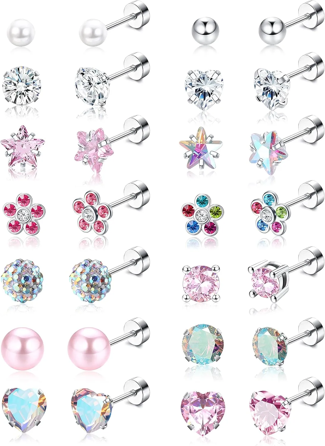 YADOCA 14 Pairs Hypoallergenic Screw Back Stud Earrings for Women Surgical Steel Tiny CZ Pearl Ball Heart Flower Screwback Flat Back Earrings Studs Set Multicolored Pink
