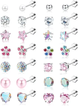 YADOCA 14 Pairs Hypoallergenic Screw Back Stud Earrings for Women Surgical Steel Tiny CZ Pearl Ball Heart Flower Screwback Flat Back Earrings Studs Set Multicolored Pink
