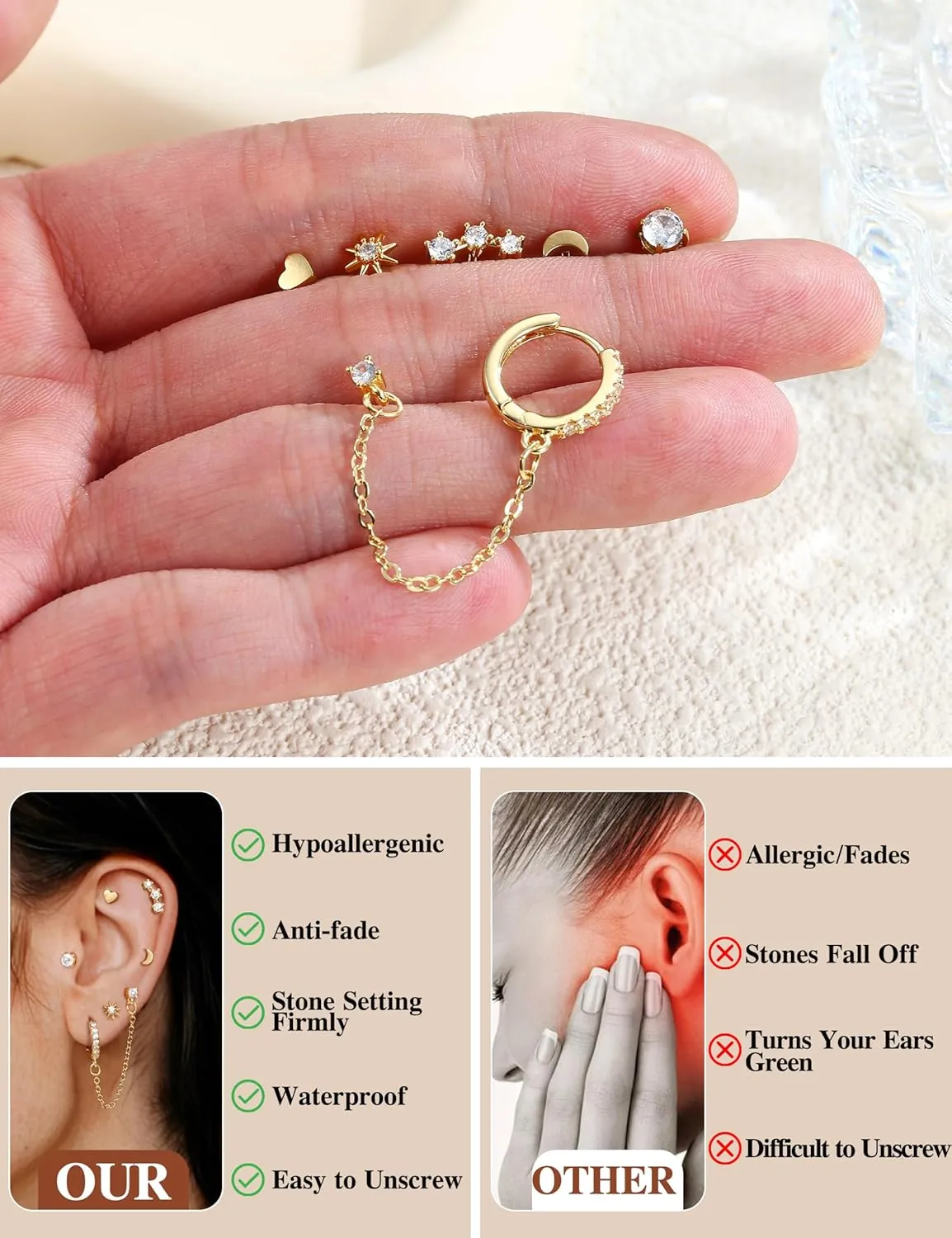 YADOCA Gold Flat Back Earrings for Women, 14K Gold Plated Trendy Cartilage Earring Sets for Multiple Piercing Hypoallergenic Small Huggie Hoop Earrings Stacks with Dangle Chain Dainty Gold Stud Earrings