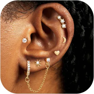 YADOCA Gold Flat Back Earrings for Women, 14K Gold Plated Trendy Cartilage Earring Sets for Multiple Piercing Hypoallergenic Small Huggie Hoop Earrings Stacks with Dangle Chain Dainty Gold Stud Earrings