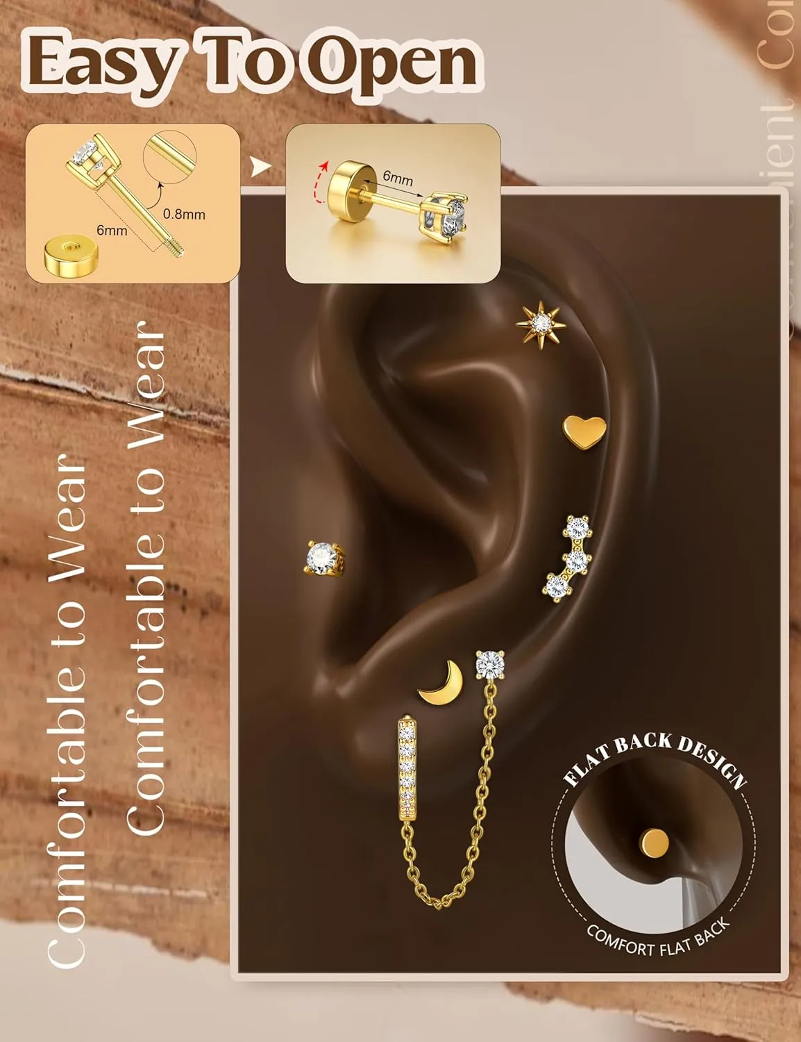 YADOCA Gold Flat Back Earrings for Women, 14K Gold Plated Trendy Cartilage Earring Sets for Multiple Piercing Hypoallergenic Small Huggie Hoop Earrings Stacks with Dangle Chain Dainty Gold Stud Earrings